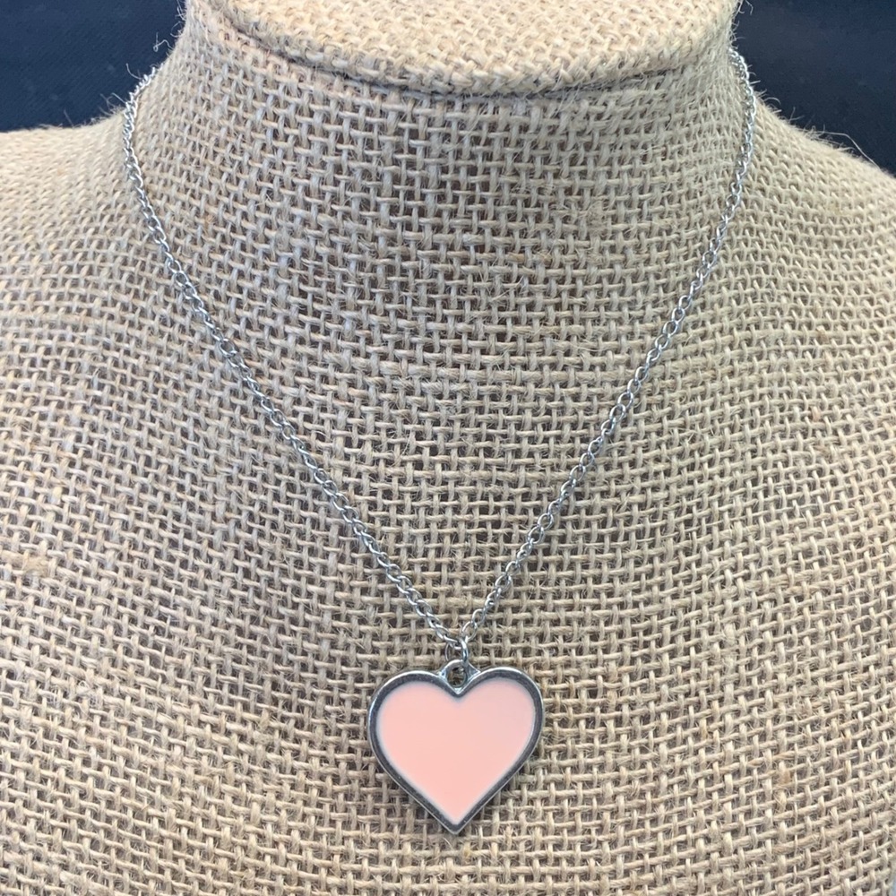 Pink Heart Pendant Necklace Silver Tone Peach Enamel Charm Cable Chain